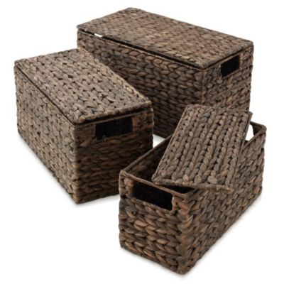 Set of 3 Water Hyacinth Storage Baskets with Lids, Natural - Small, Medium, Large - Decorative Bins for Bathroom, Closets, Laundry, Shelves