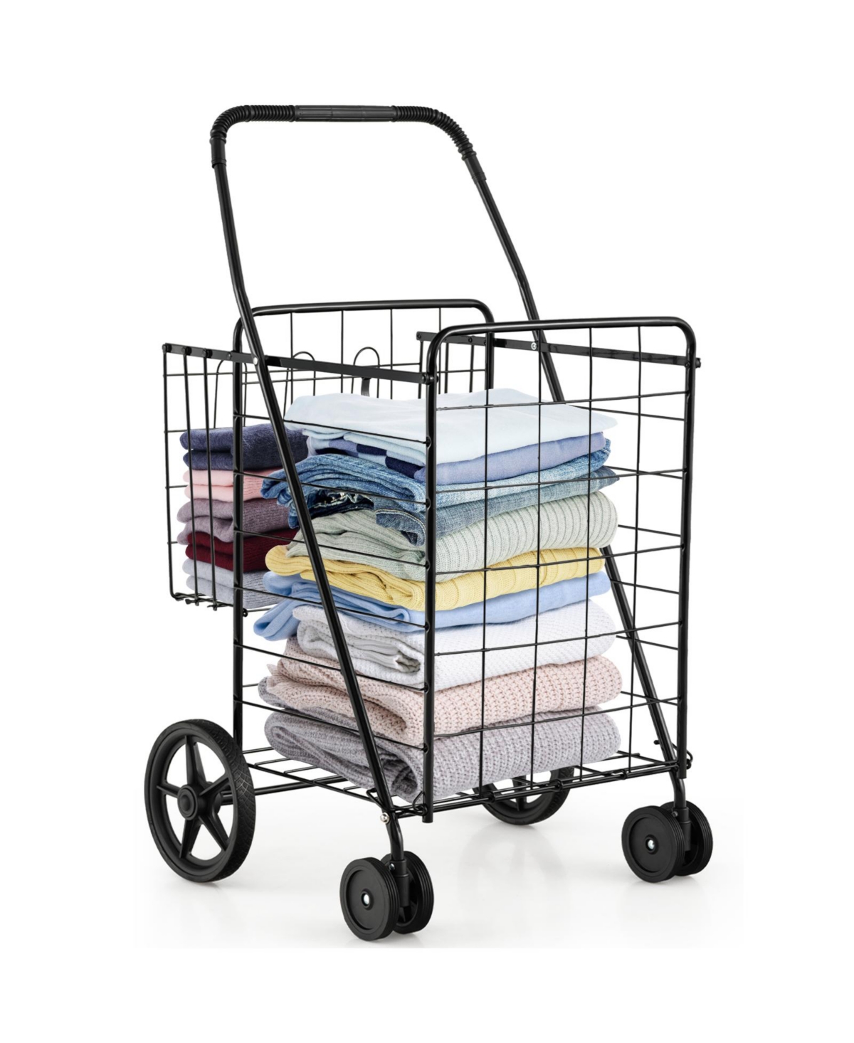 Sugift Folding Shopping Cart with Swiveling Wheels and Dual Storage Baskets