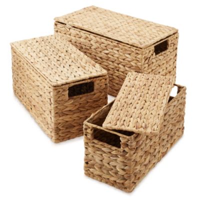Set of 3 Water Hyacinth Storage Baskets with Lids, Natural - Small, Medium, Large - Decorative Bins for Bathroom, Closets, Laundry, Shelves