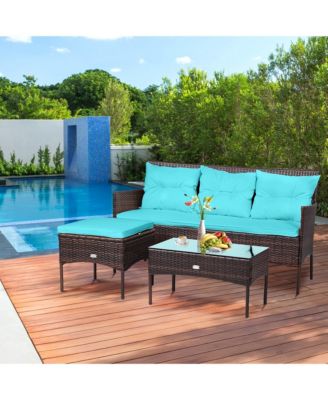 3PCS Patio Rattan Sectional Conversation Furniture Set w/ Turqouise Cushions