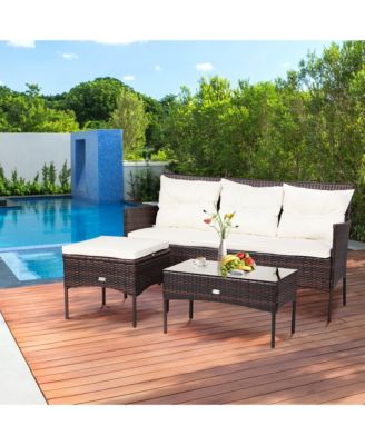 3PCS Patio Rattan Sectional Conversation Furniture Set w/ Off White Cushions