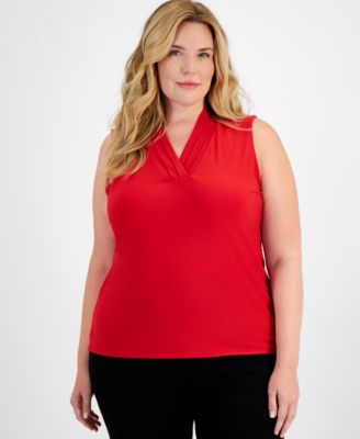 Anne Klein - Plus Size Printed Pleated-Neck Top