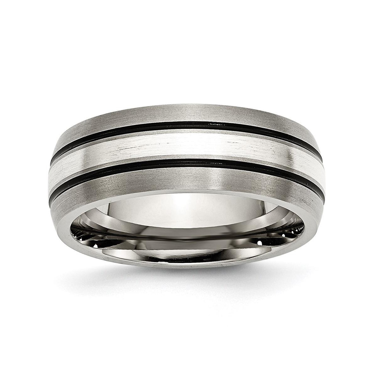 Titanium Brushed Sterling Silver Inlay Grooved Band Ring - Grey