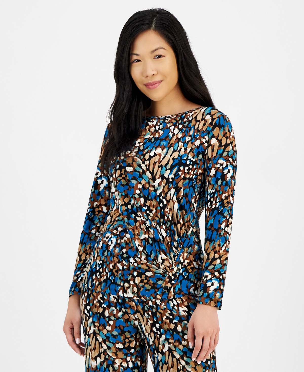 Ak Anne Klein Petite Printed Long-Sleeve Rivet Top