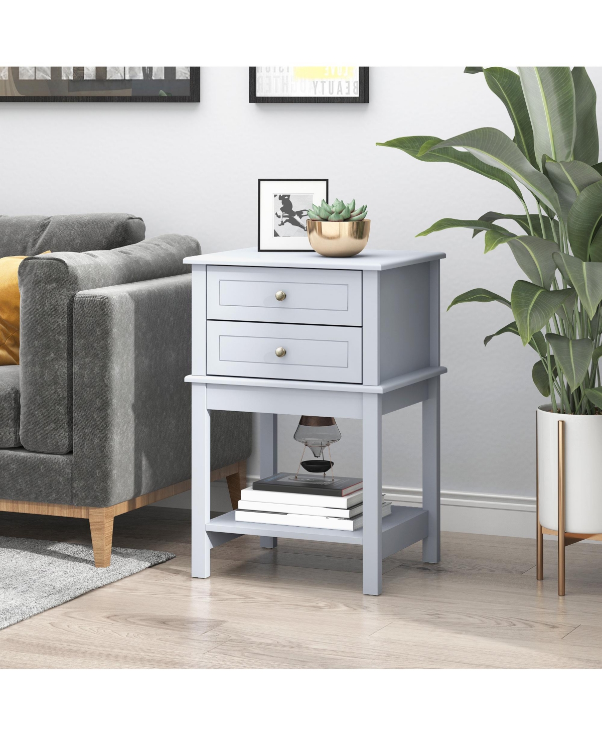 Homcom Modern End Table w/ 2 Storage Drawers & Bottom Shelf for Living Room,- Light grey