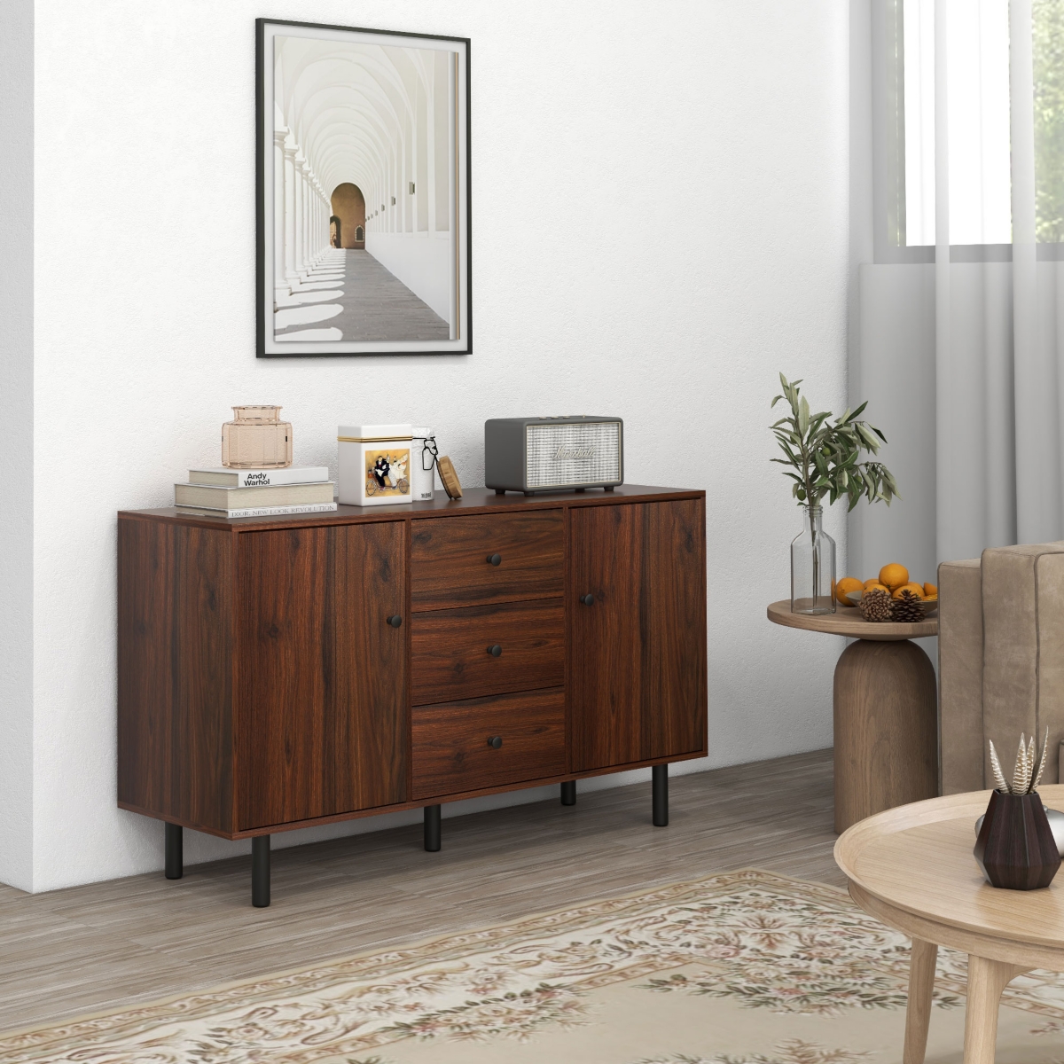 Homcom Retro Sideboard with 2 Cabinets 3 Drawers, Buffet Table Rustic- Brown