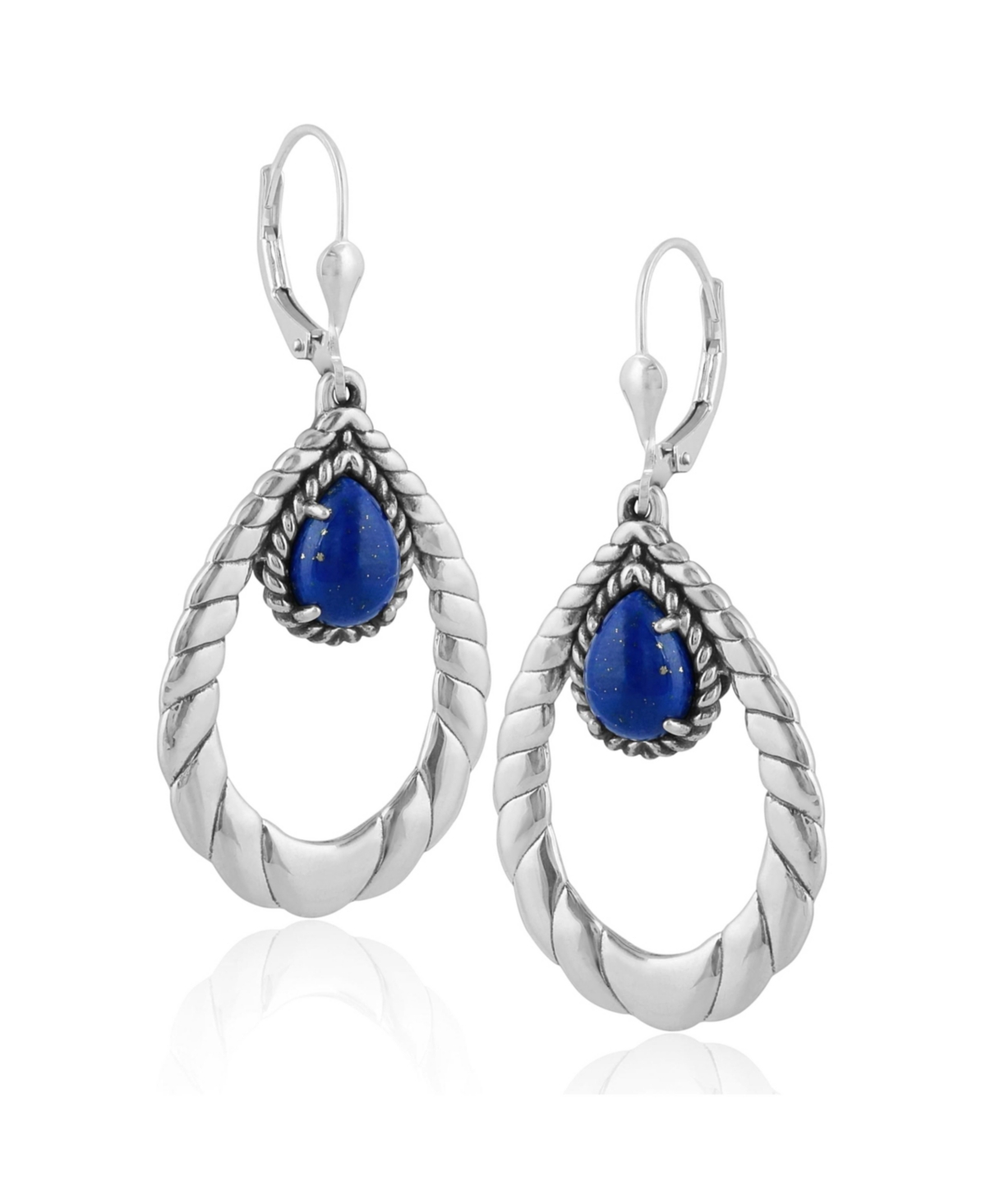 Sterling Silver and Genuine Gemstone Pear Shape Lever Back Earrings - Lapis lazuli