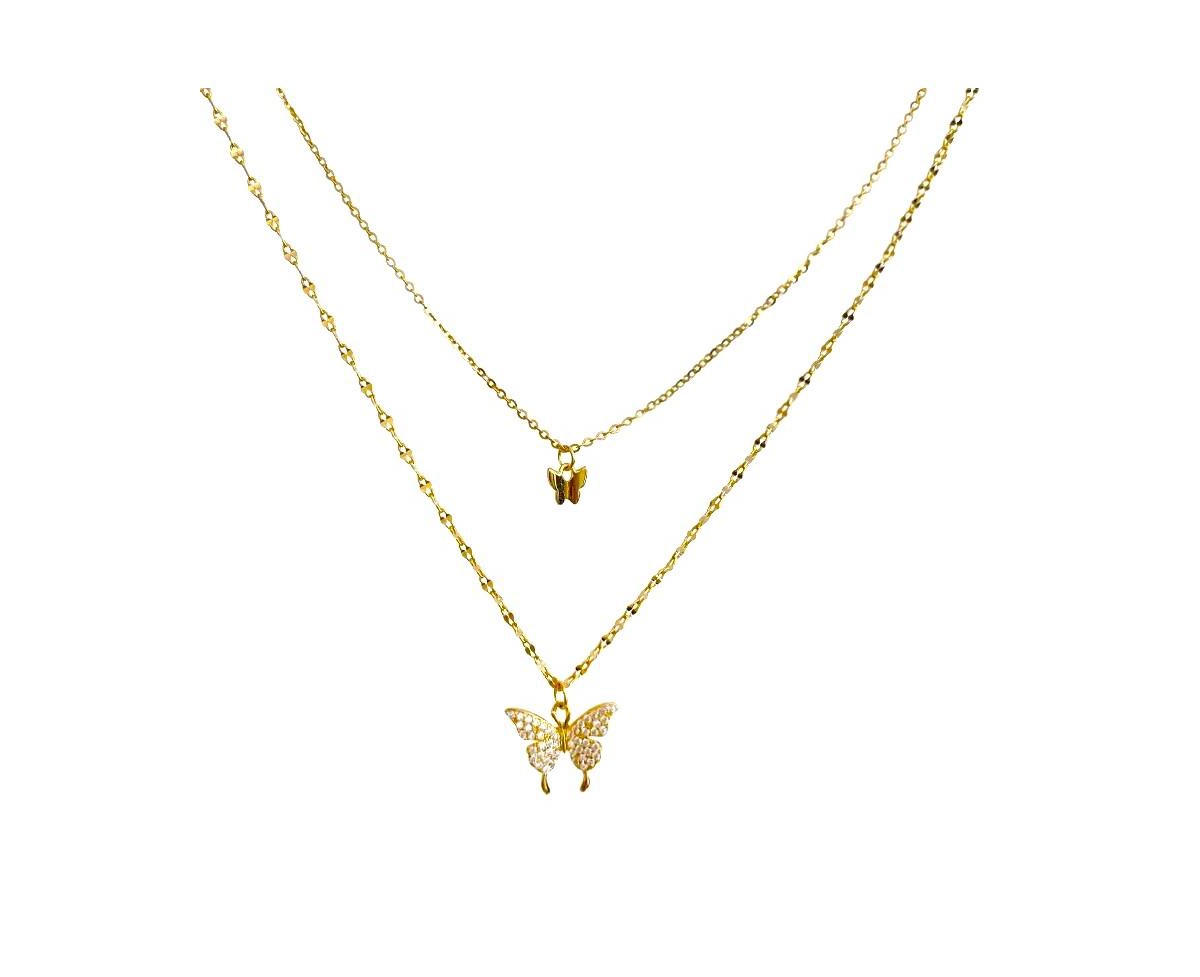 Fluttering Elegance: Gold Butterfly Two Layer Necklace - Gold