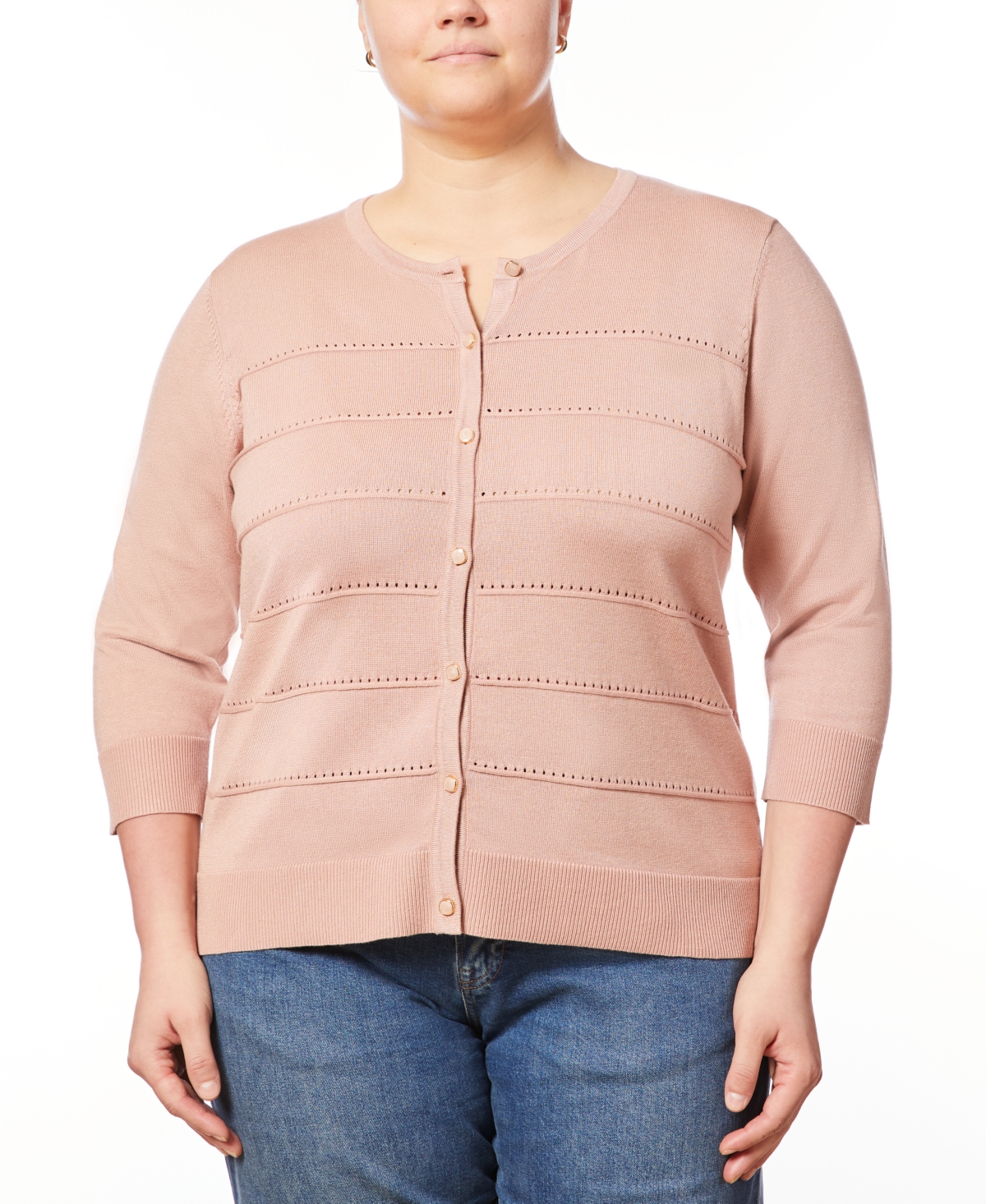 Melissa Paige Plus Size Pointelle Knit 3/4-Sleeve Button Front Cardigan