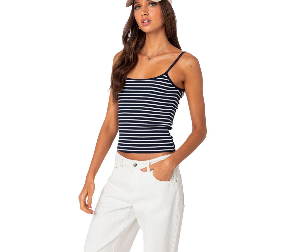 Edikted Women's Gretta Striped Ribbed Tank Top - Navy-and-white