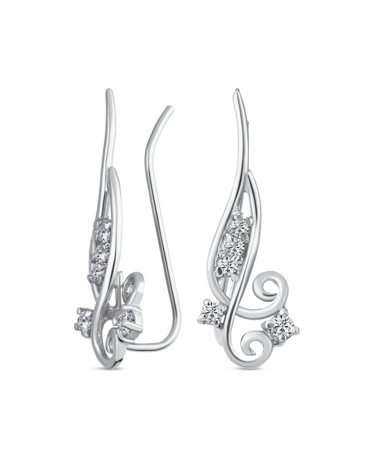 Cz Swirl Wire Ear Pin Climbers Crawlers Earrings For Women For Teen Round Cubic Zirconia .925 Sterling Silver - Silver