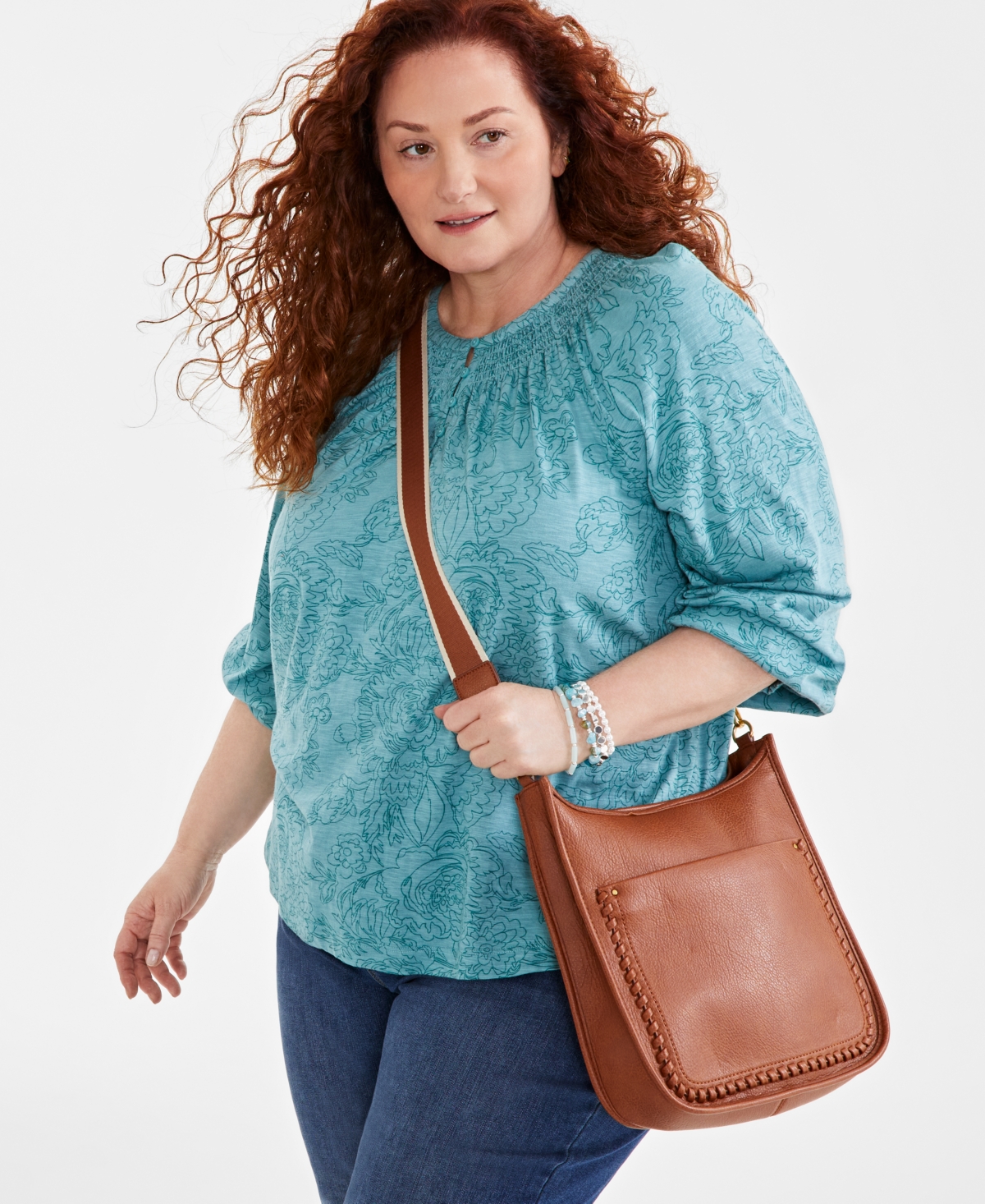 Style & Co Plus Size Floral-Print Smocked-Trim Top, Created for Macy's
