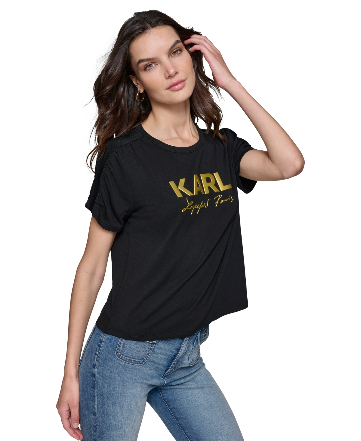 Karl Lagerfeld Paris Women's Metallic-Logo Ruched-Sleeve T-Shirt