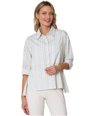 Women's Cropped High-Low Hem Yarn Dye Stripe Wear Anywhere Shirt