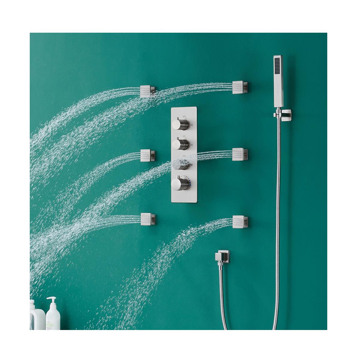 Mondawe Wall Mounted Thermostatic Led Shower System Set with Hanheld Spray & 6 Body Jets, Black