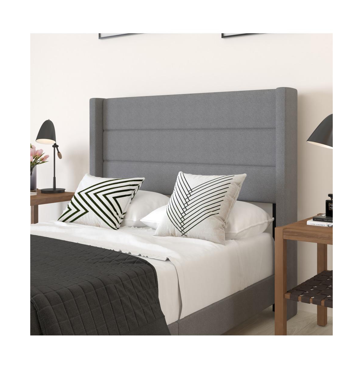 Merrick Lane Percy Modern Platform Bed With Padded Channel Stitched Upholstered Wingback Headboard And Underbed Clearance