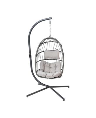 Riley Foldable Woven Hanging Egg Chair With Removable Cushion And Stand For Indoor And Outdoor Use