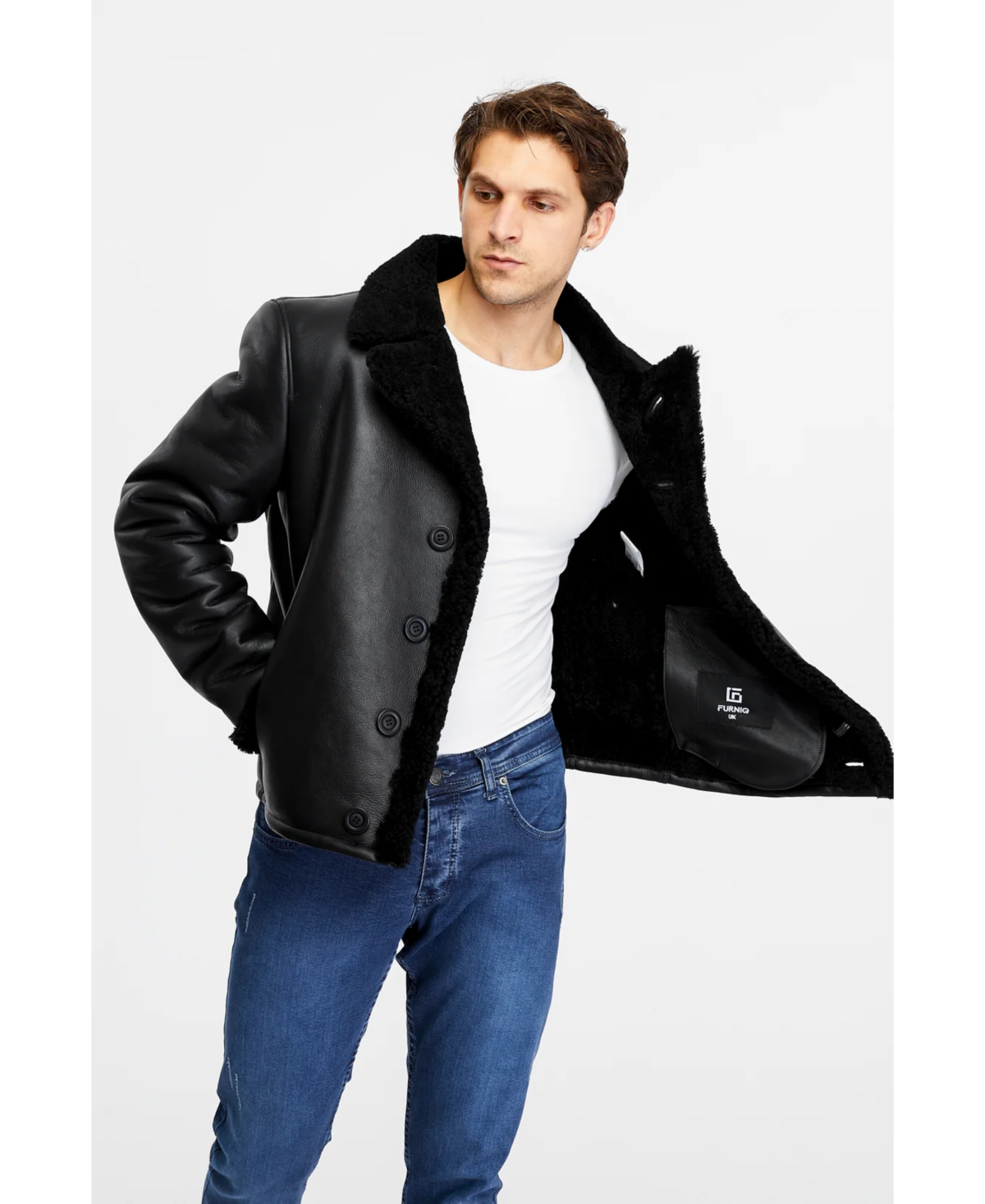 Furniq Uk Men's Leather Shearling Jacket