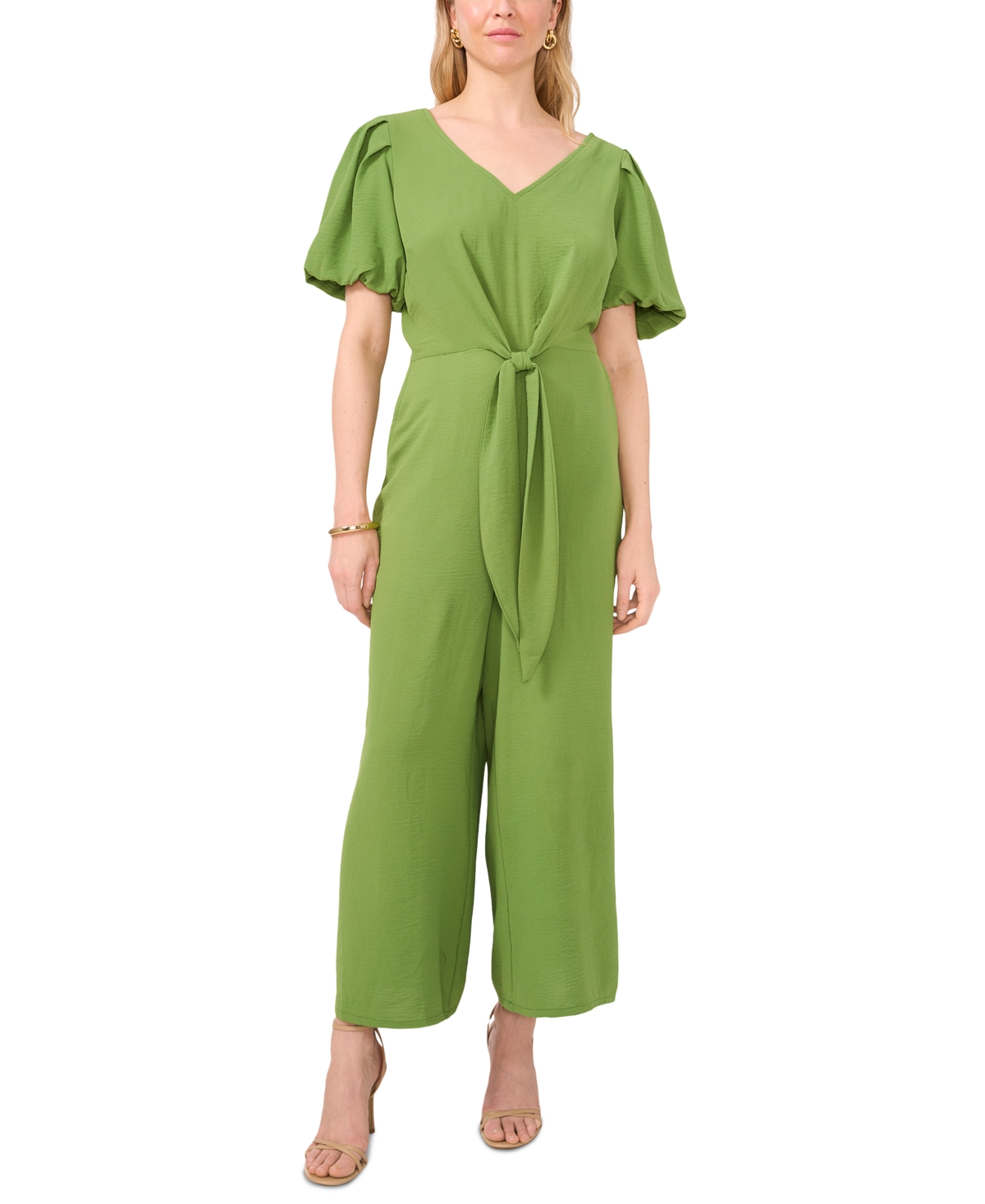 Women's V-Neck Tie-Front Short-Sleeve Jumpsuit - Lizard Gre