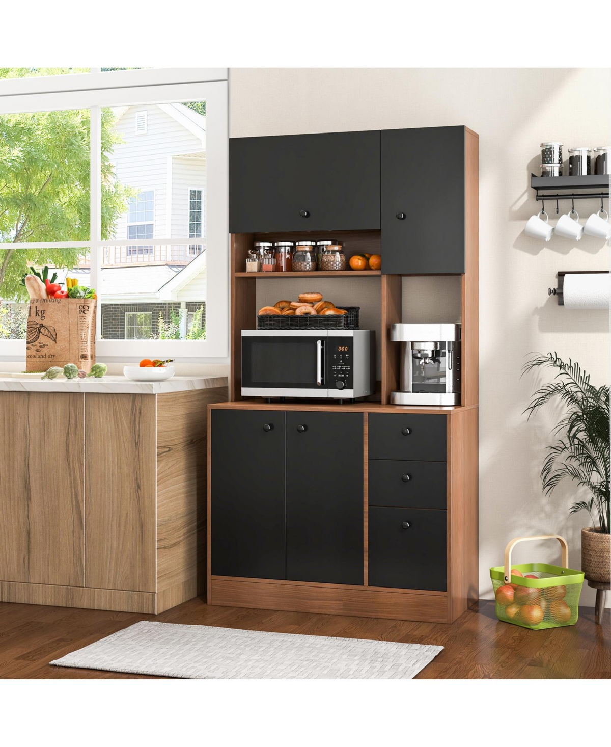 Sugift Kitchen Pantry with 3 Storage Cabinet and 3 Deep Drawers
