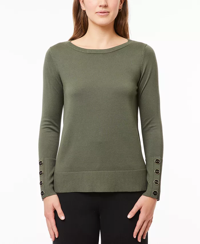 Women's Fine Gauge Boat-Neck Buttoned-Cuff Sweater - thumbnail 10