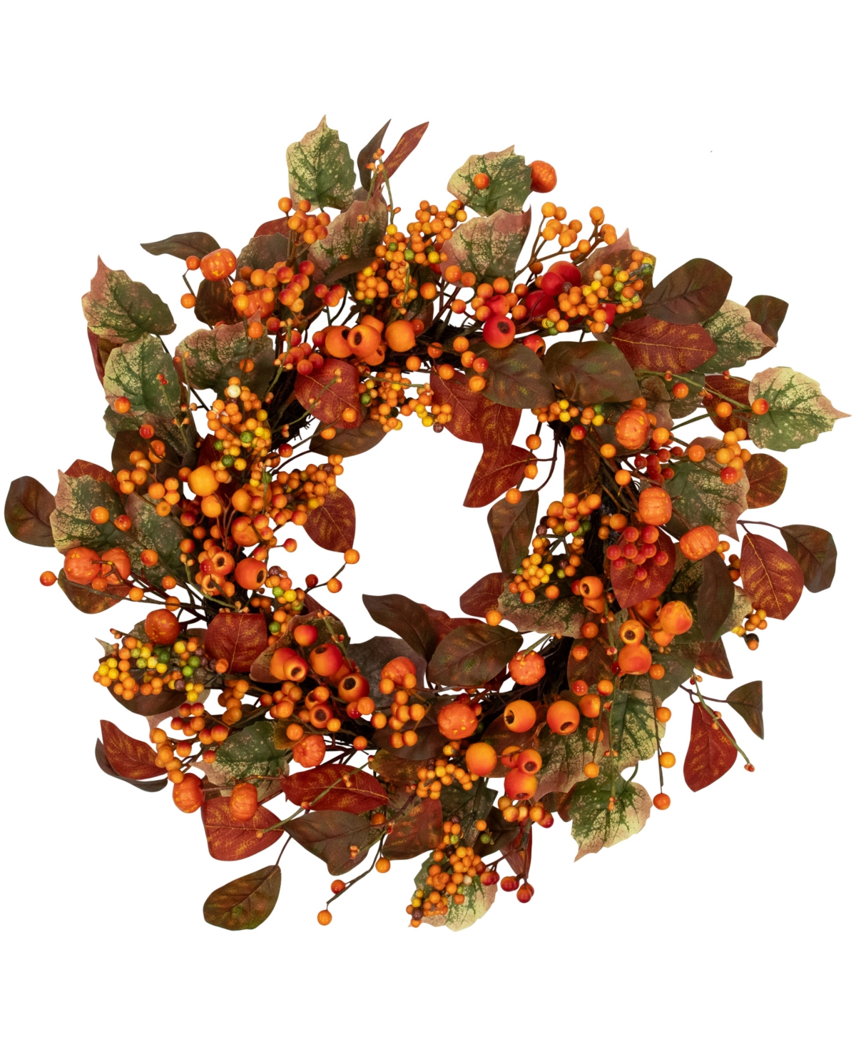 Berries and Pumpkins Artificial Fall Harvest Wreath - 24" - Orange and Green - Unlit - Orange