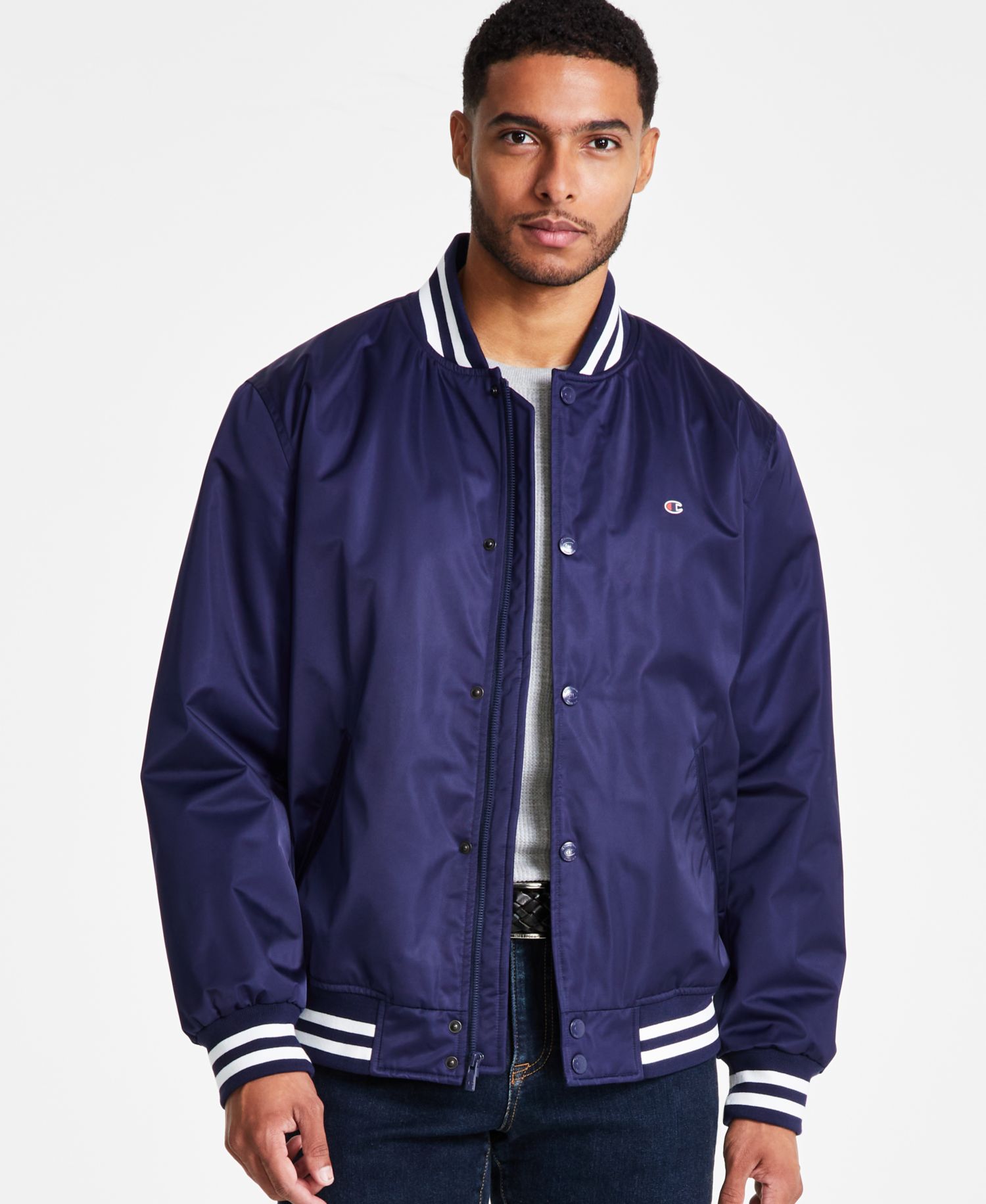 Men's Classic Logo Striped-Trim Varsity Jacket