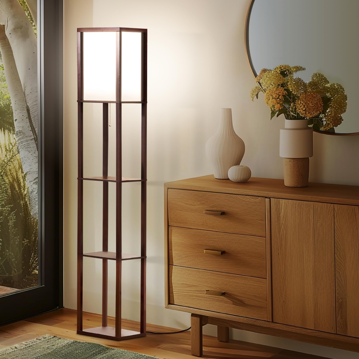 Maxwell 63" Led Shelf Column Floor Lamp with Lantern Shade