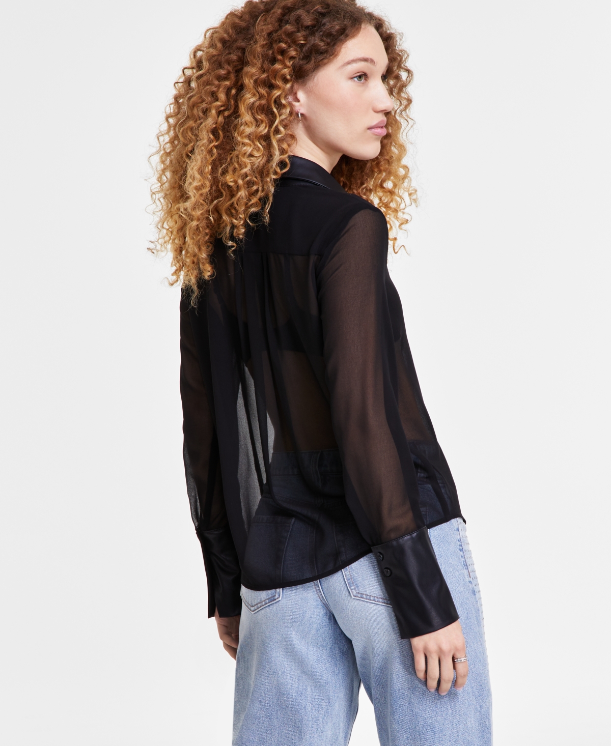 Dkny Jeans Women's Faux-Leather Trim Sheer-Mesh Shirt - BLK - BLACK