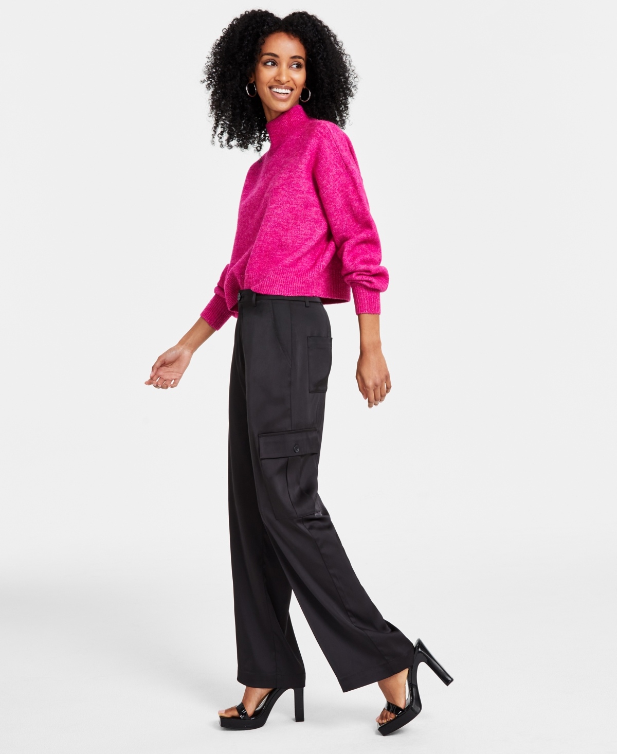 Dkny Jeans Women's Stretch Satin Cargo Wide-Leg Pants - BLK - BLACK