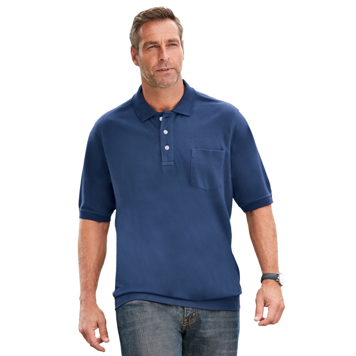 Big & Tall Banded Bottom Pocket Shrink-Less Pique Polo Shirt - Navy