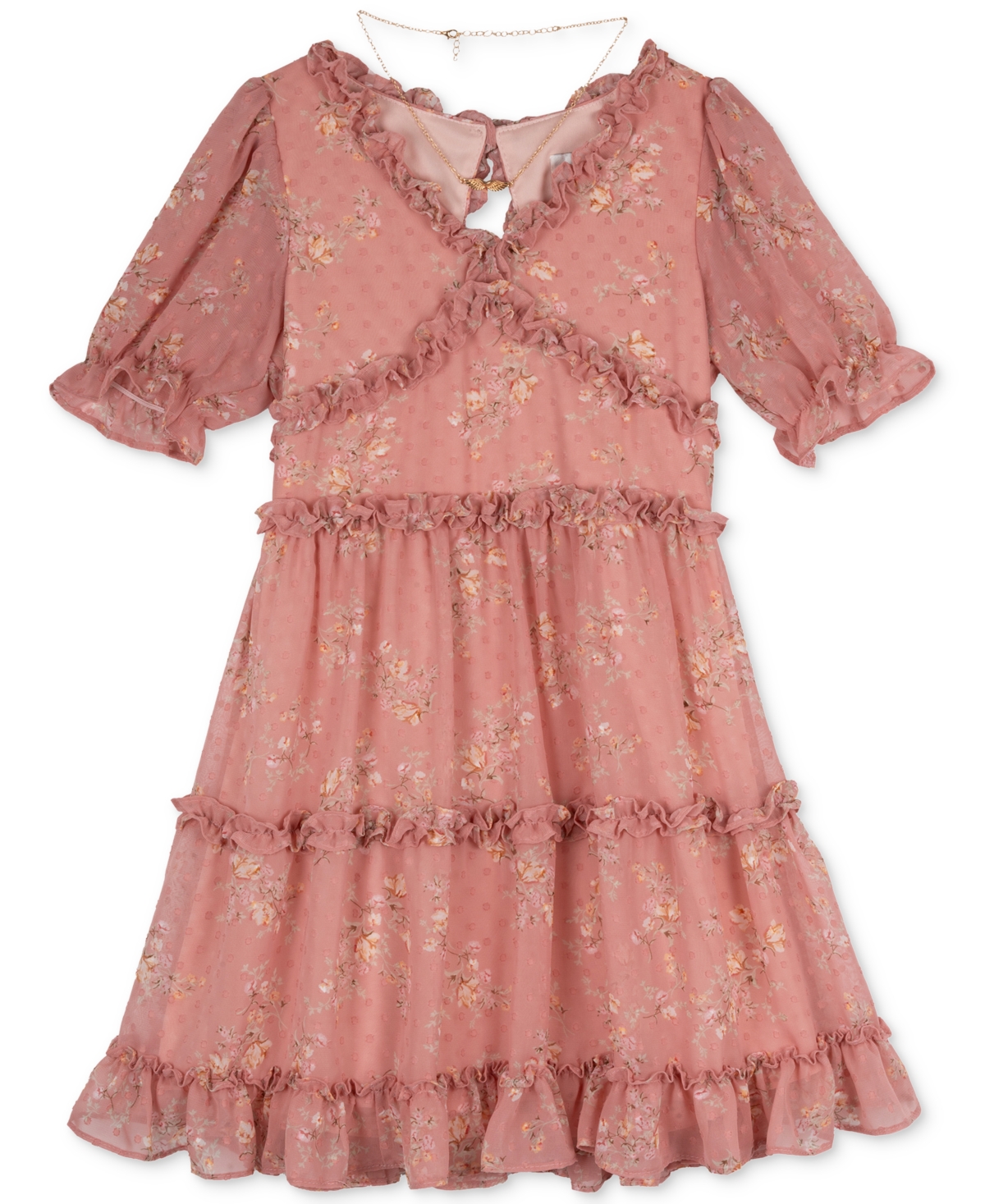 Rare Editions Big Girls V-Neck Floral-Clip-Dot-Chiffon Dress & Necklace, 2 Piece Set