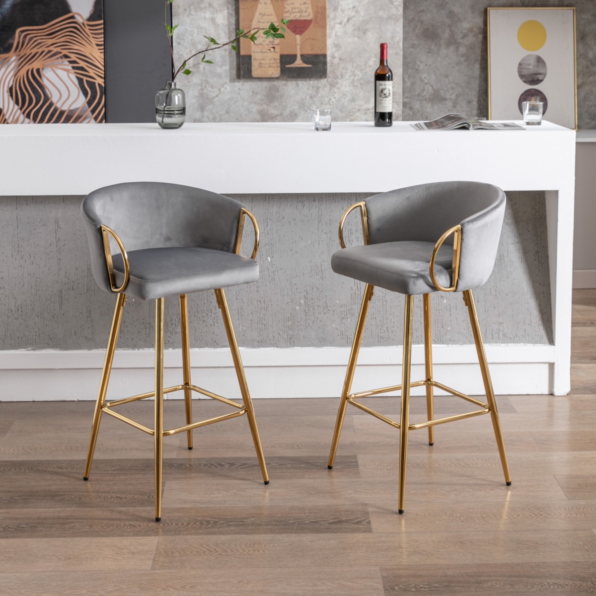 Streamdale Furniture 26 Inch Set Of Bar Stools, With Chrome Footrest And Base Velvet + Leg Simple Barstool