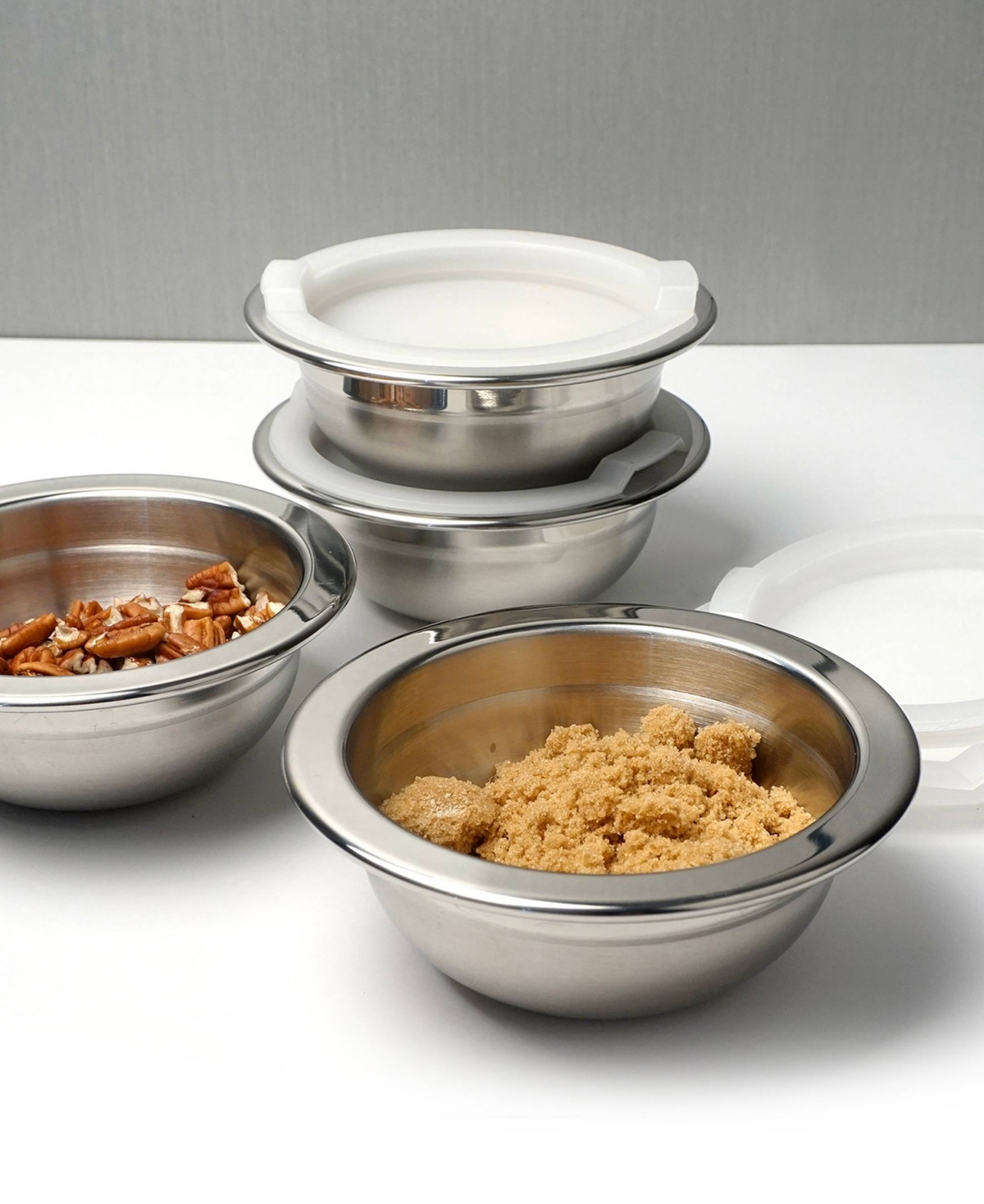 Rsvp International Endurance Stainless Steel 4 Piece 1 Cup Prep Bowls With Plastic Lid Set In Gray