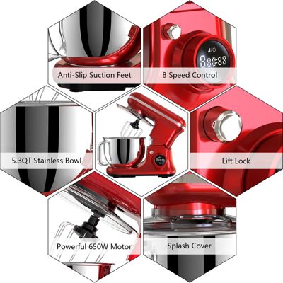 5.3 Qt Digital Display Stand Mixer 8 Speed with Egg Whisk, Dough Hook & Flat Beater