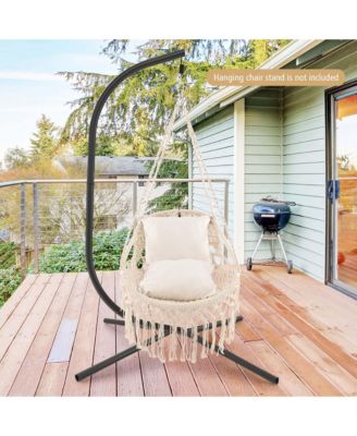 Indoor Outdoor Macrame Swing with Soft Seat Cushions Sturdy Hanging Rope & Chain