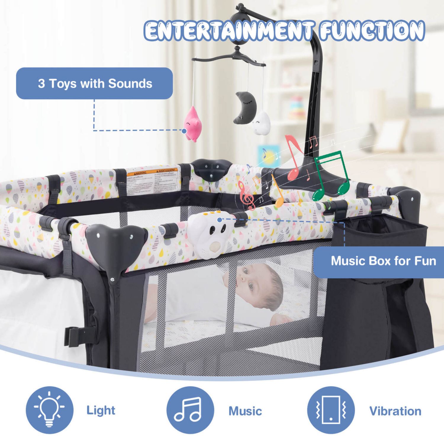 Baby Playard Nursery Center Crib with Hanging Toys Music Box