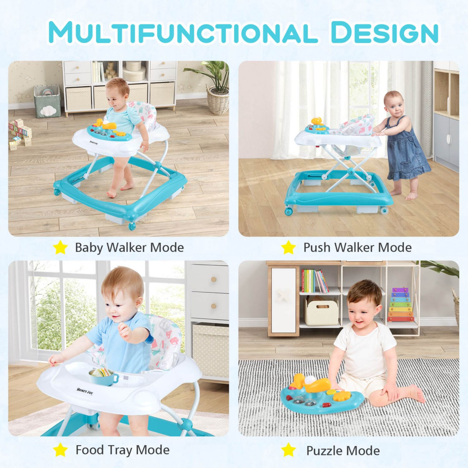 Foldable Baby Walker with 3 Adjustable Heights Comfy Padded Seat