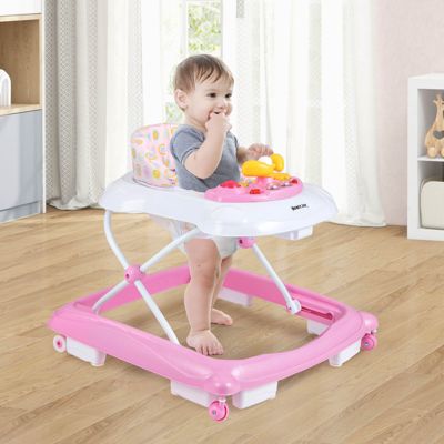 Foldable Baby Walker with 3 Adjustable Heights Comfy Padded Seat Music Tray
