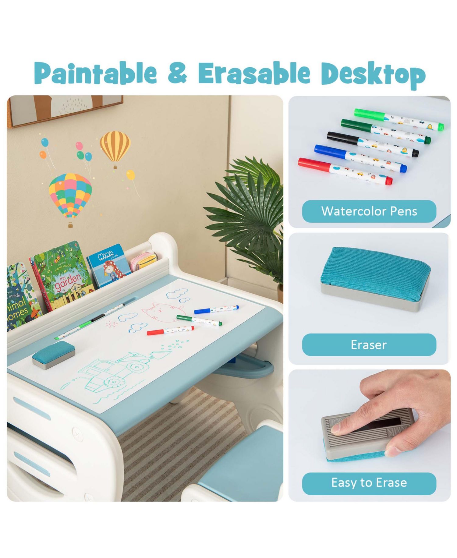 Kids' Erasable Drawing Table and Chair with Storage, 2-Piece Set