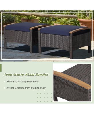 Set of 2 Patio Rattan Ottoman Footrest Cushions Wooden Handle