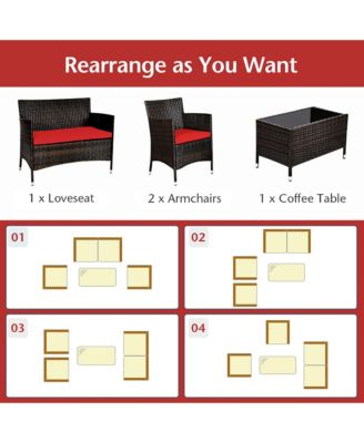 4PCS Patio Furniture Set Rattan Conversation Set W/ Tempered Glass Coffee Table