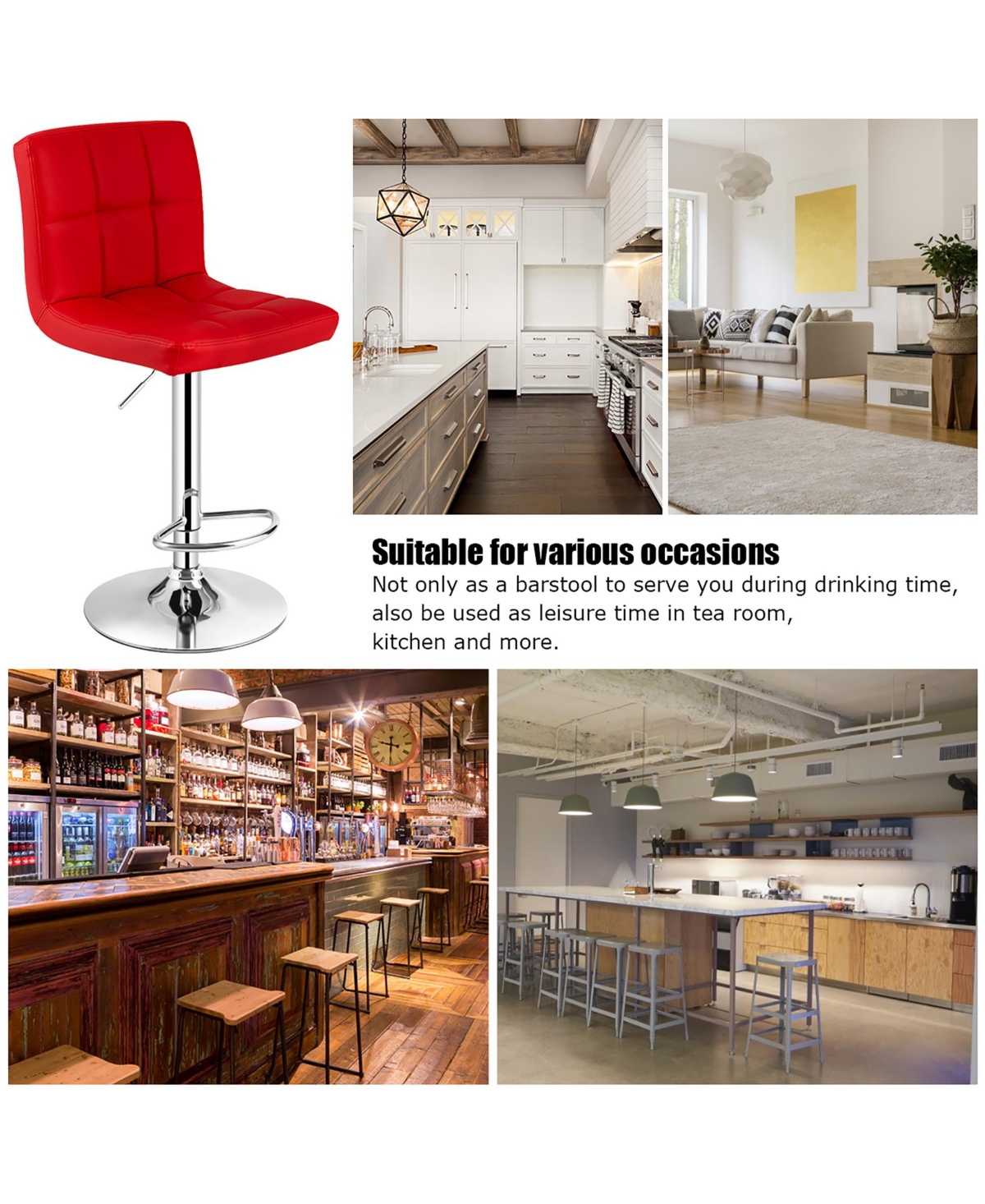 Costway Set of 2 Adjustable Bar Stools Pu Leather Swivel Kitchen Counter Pub Chair