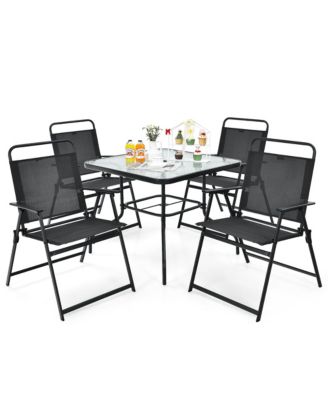 6PCS Patio Furniture Dining Set Folding Chairs Glass Table W/Umbrella Deck