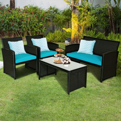 4PCS Patio Rattan Furniture Conversation Sets Cushion Sofa Table Garden