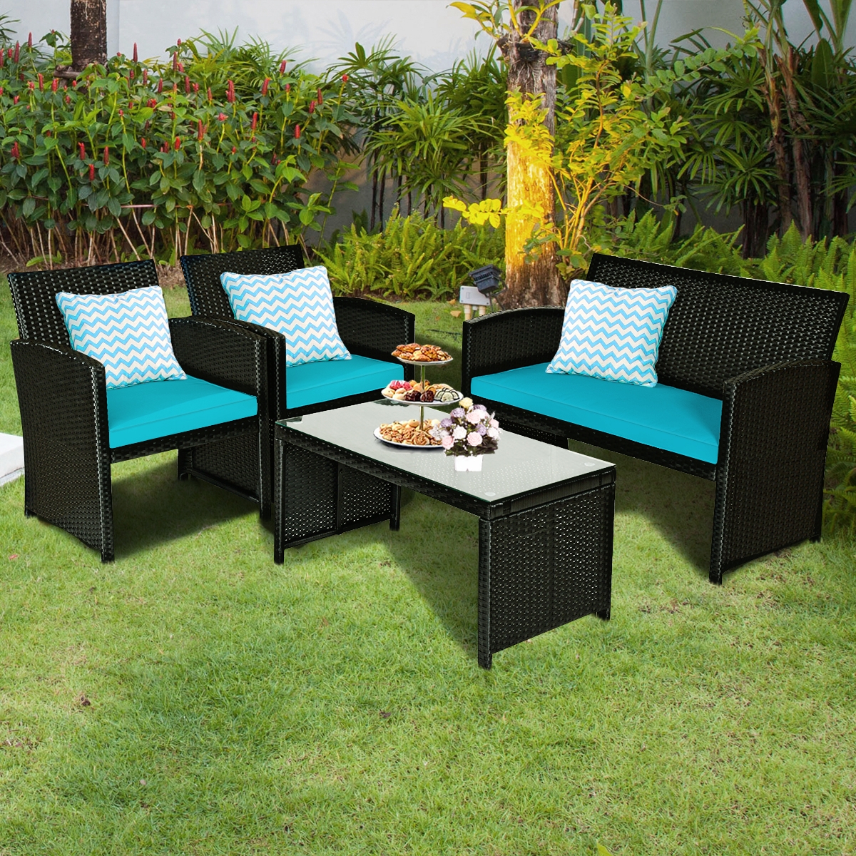 Costway 4PCS Patio Rattan Furniture Conversation Sets Cushion Sofa Table Garden