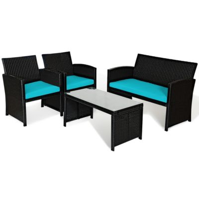 4PCS Patio Rattan Furniture Conversation Sets Cushion Sofa Table Garden