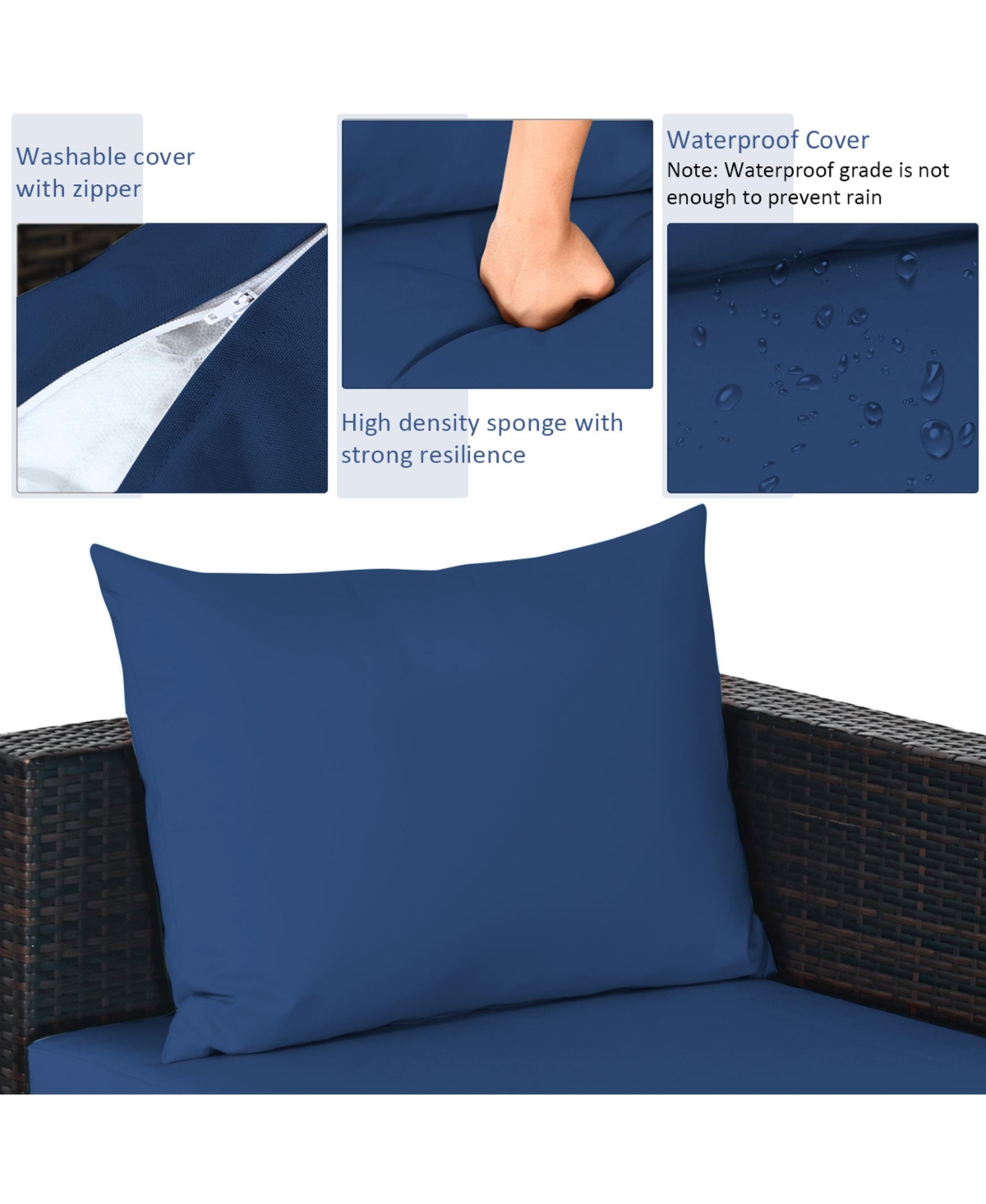 Gymax 5PCS Cushioned Rattan Patio Conversation Set w/ Ottoman Navy Cushion - Navy+brown