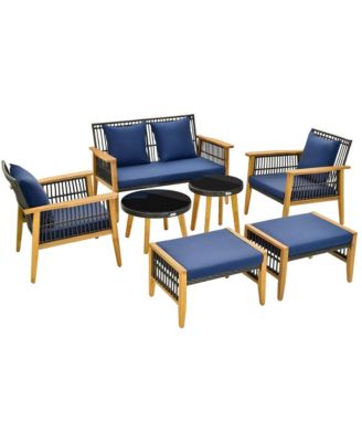 7 Piece Conversation Set Rattan Woven Chair Set with 2 Coffee Tables & 2 Ottomans