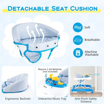 Foldable Baby Walker with 3 Adjustable Heights Comfy Padded Seat Music Tray